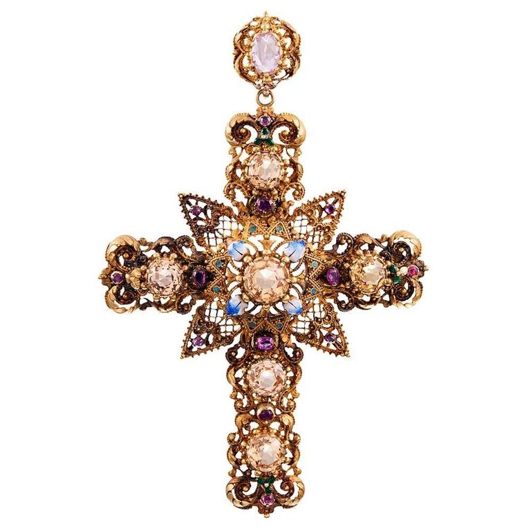 Enamel Gemstone Granulated Gold Cross 