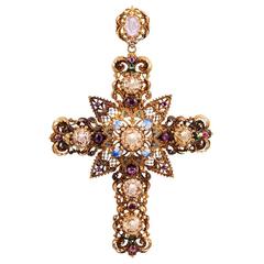 Enamel Gemstone Granulated Gold Cross Pendant 2