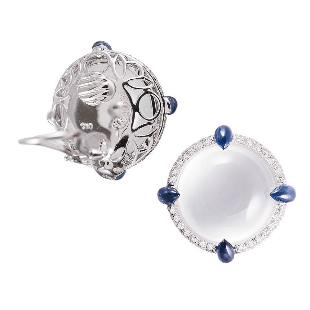 Seaman Schepps White quartz Blue Sapphire Diamond Gold Earrings  In New Condition For Sale In Carmel-by-the-Sea, CA