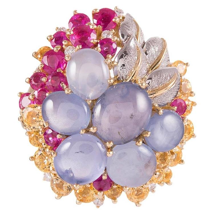 Star Sapphire Ruby Yellow Sapphire Diamond Gold Floral Bouquet Ring For