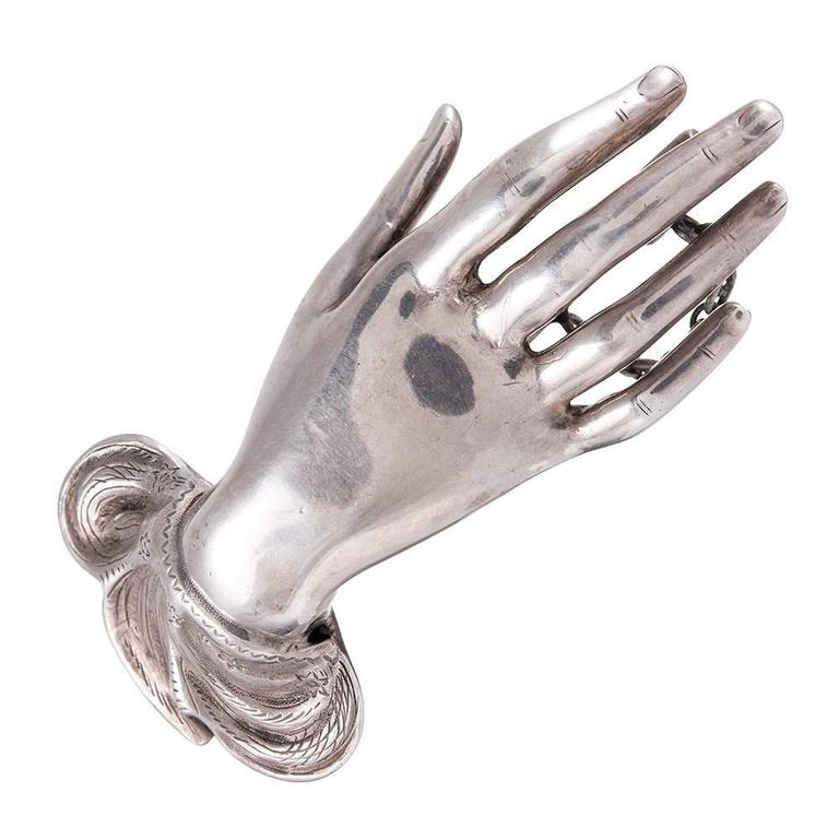 1848 Sterling Silver Hand Brooch For Sale at 1stdibs