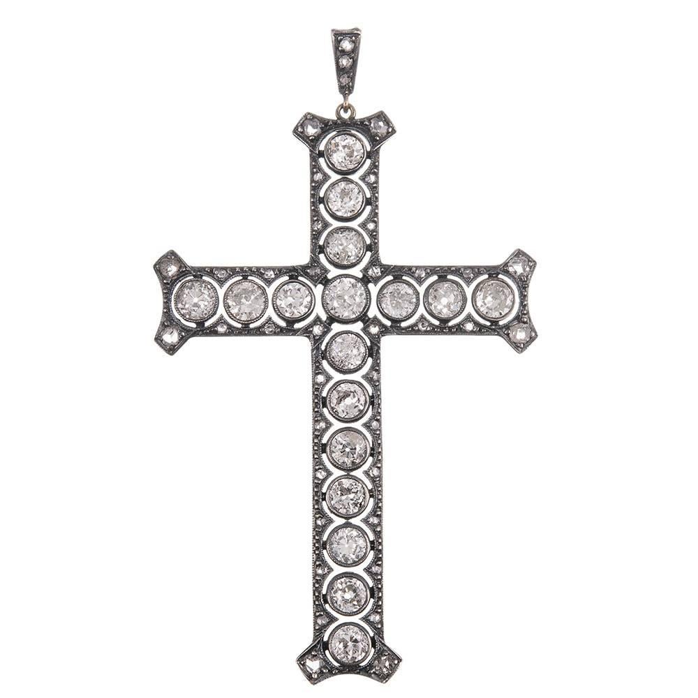 Antique Victorian Old European Cut Diamond Silver Gold Cross Pendant