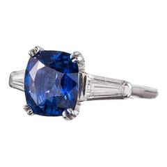 3.16 Carat Cushion Sapphire Ring with Tapered Baguette Diamonds