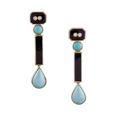 Vintage 1970s Turquoise, Onyx & Diamond Drop Earrings