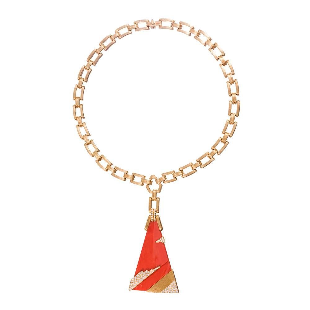 Henry Dunay Massive Modernist Coral Diamond Pendant In Excellent Condition In Carmel-by-the-Sea, CA