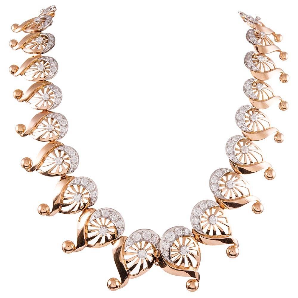 1950s Diamond Rose Gold Platinum Necklace