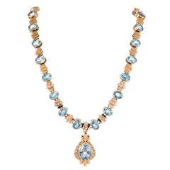 1980s Aquamarine Diamond Gold Necklace