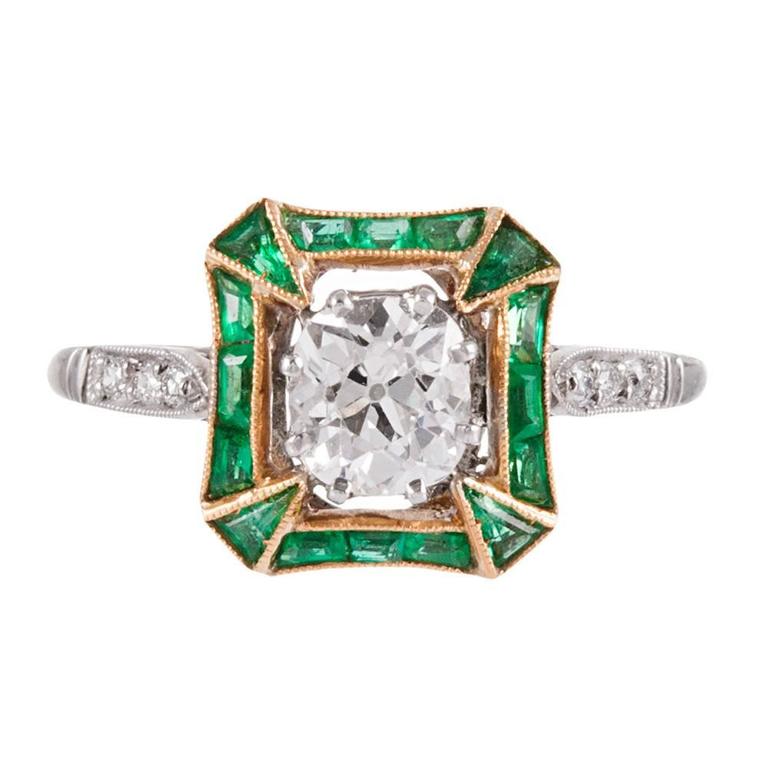 Art Deco Old Mine Cut Diamond and Emerald Solitaire Ring at 1stDibs