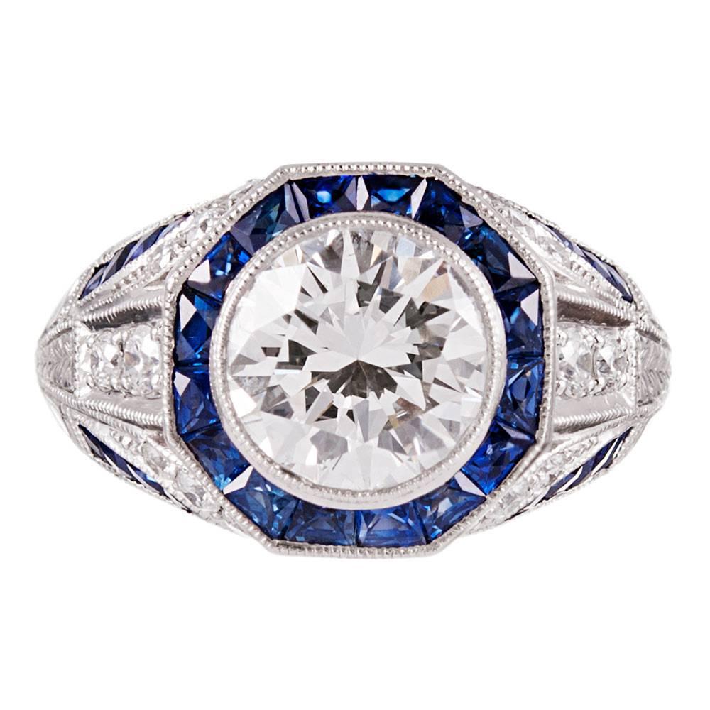 Geometric Style 2.00 Carat GIA Diamond Sapphire Platinum Trim Ring