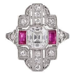 Art Deco 1.05 Carat Asscher Diamond Ruby Platinum Plaque Ring