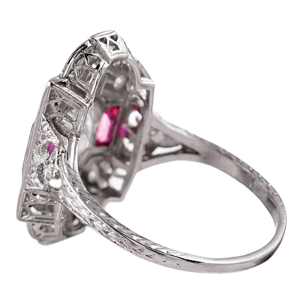 Art Deco 1.05 Carat Asscher Diamond Ruby Platinum Plaque Ring In Excellent Condition In Carmel-by-the-Sea, CA