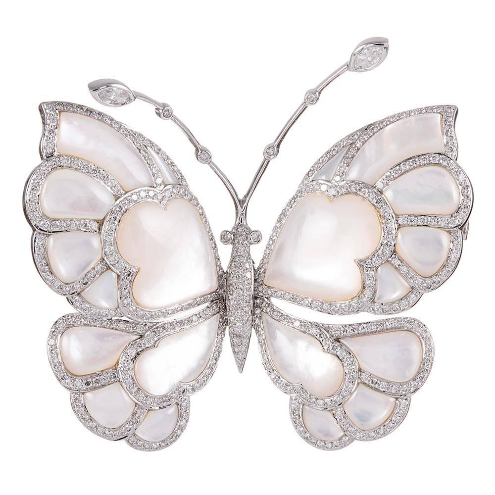 Mother-of-Pearl Diamond Butterfly Brooch
