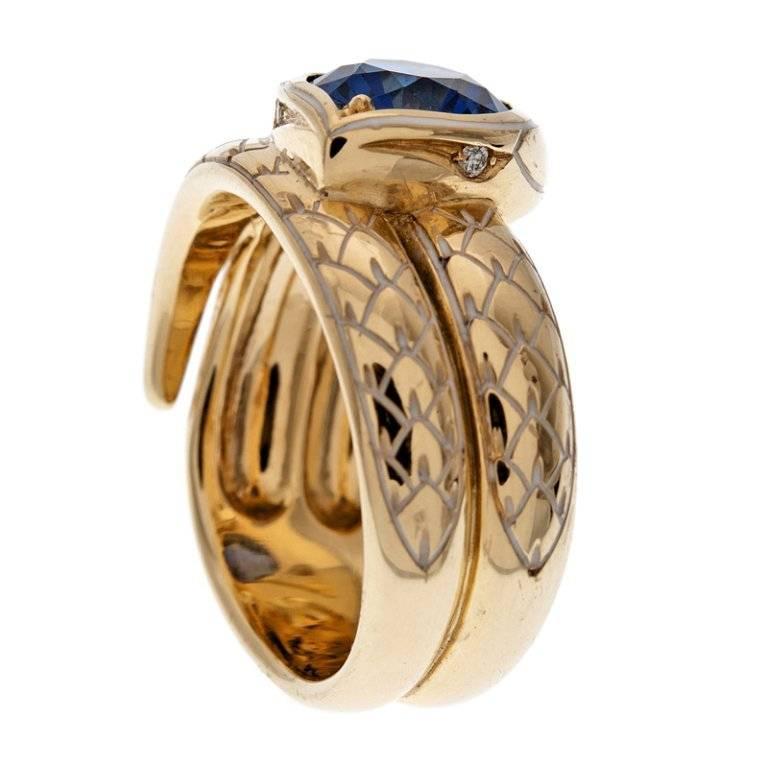 Enamel Scaled Sapphire Yellow Gold Snake Ring at 1stDibs