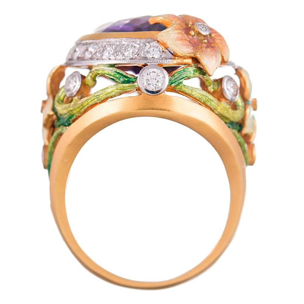 Women's Masriera Plique a Jour Enamel 14.82 Carat Amethyst Diamond gold Ring 