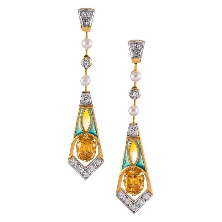 Masriera Plique a Jour Enamel Diamond Gemstone Earrings For Sale