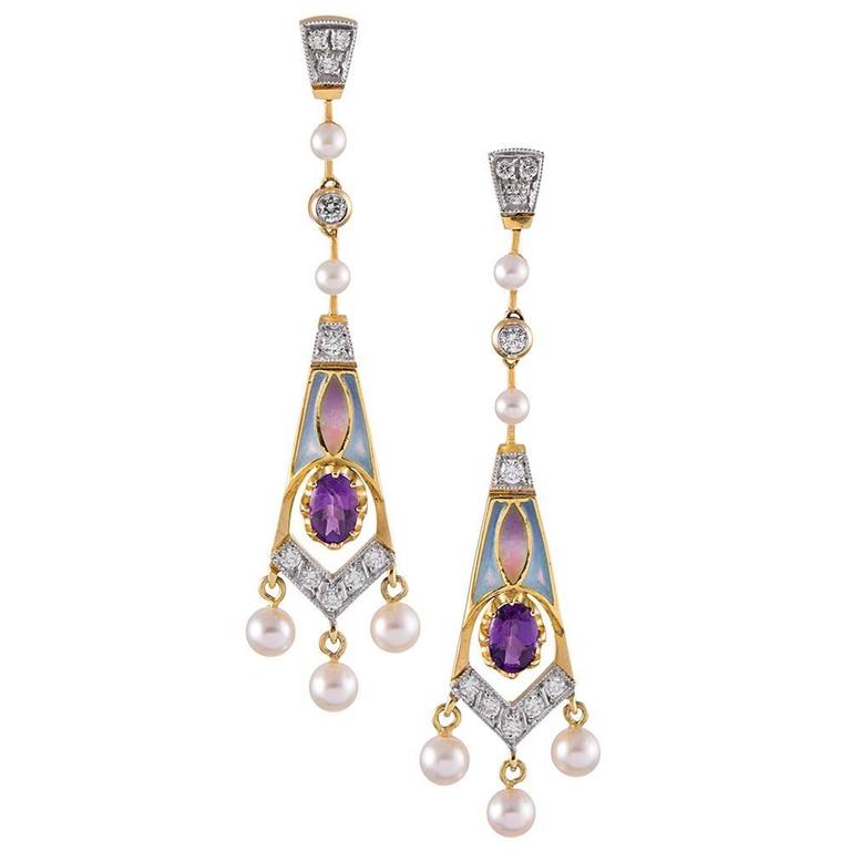 Masriera Plique a Jour Enamel Diamond Gemstone Gold Earrings at 1stDibs