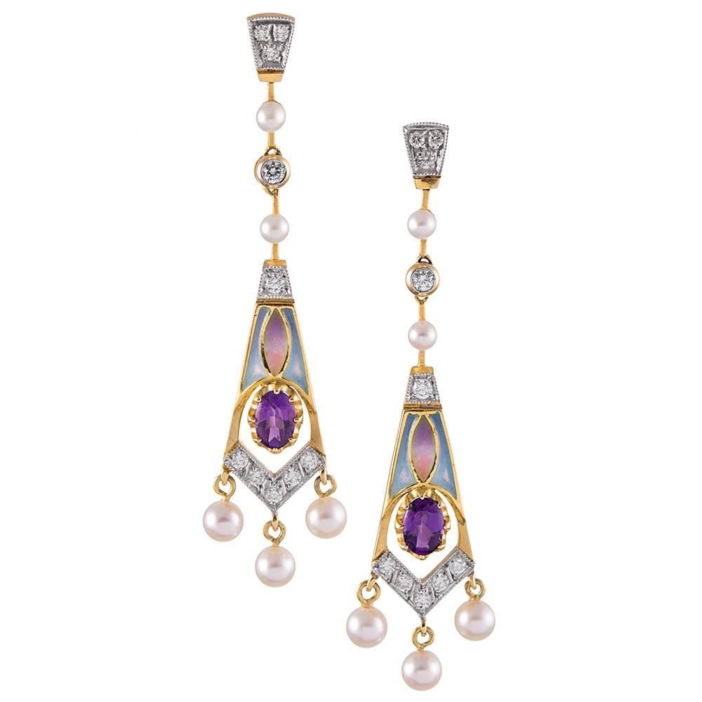 Masriera Plique a Jour Enamel Diamond Gemstone Gold Earrings