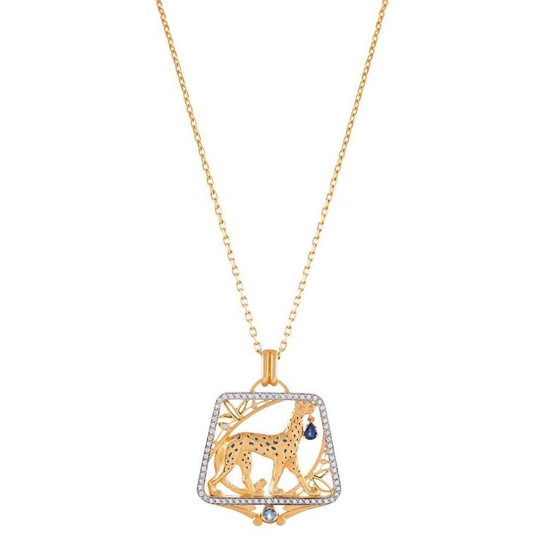 Masriera Plique a Jour Enamel Sapphire Diamond Gold Pendant For Sale