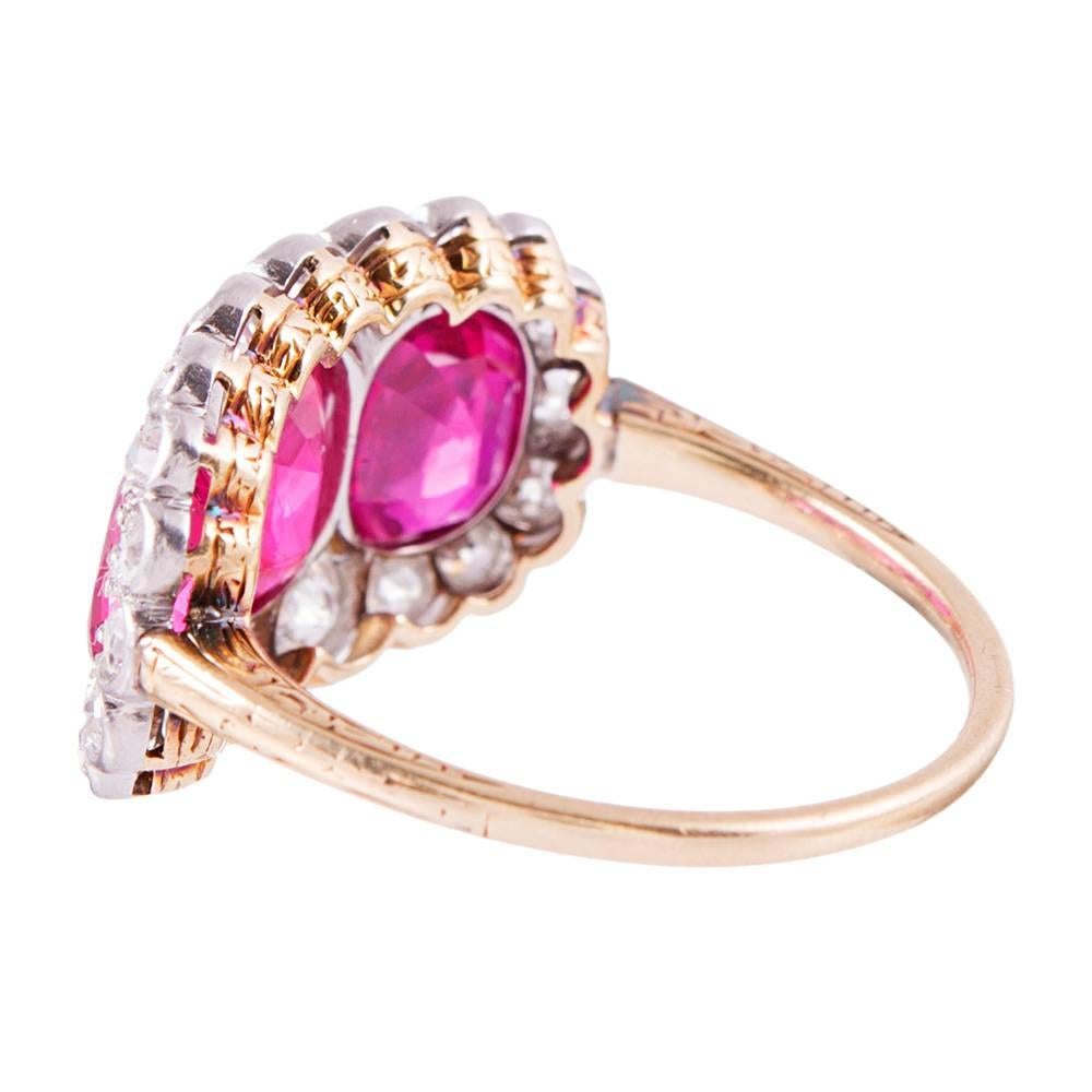 Edwardian Three-Stone Burma No Heat Ruby Diamond Ring In Excellent Condition In Carmel-by-the-Sea, CA