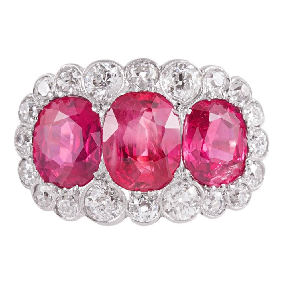 Edwardian Three-Stone Burma No Heat Ruby Diamond Ring For Sale