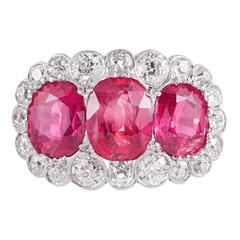 Edwardian Three-Stone Burma No Heat Ruby Diamond Ring