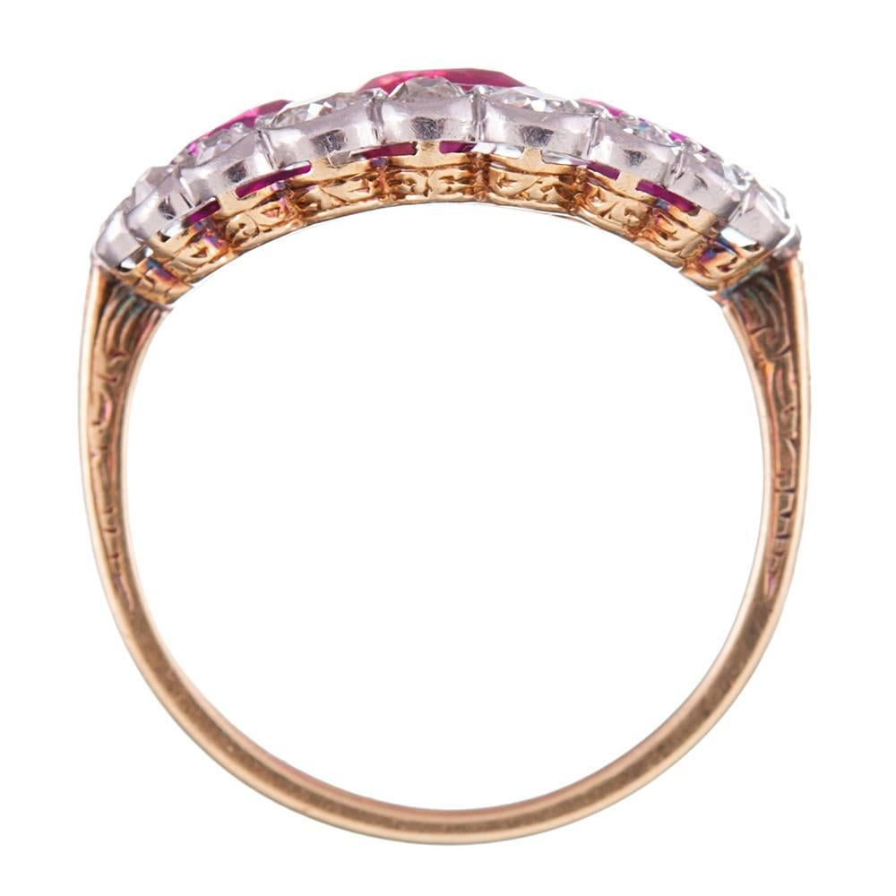 Women's Edwardian Three-Stone Burma No Heat Ruby Diamond Ring For Sale