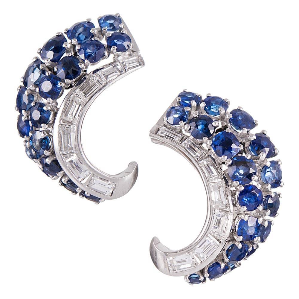 1950s Sapphire Diamond Platinum Earrings For Sale