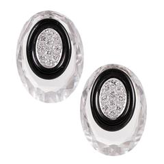 David Webb Rock Crystal Onyx Diamond Earrings