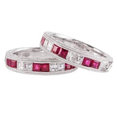 Set of Two Engraved Ruby Diamond Platinum Bands