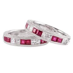 Set of Two Engraved Ruby Diamond Platinum Bands 10