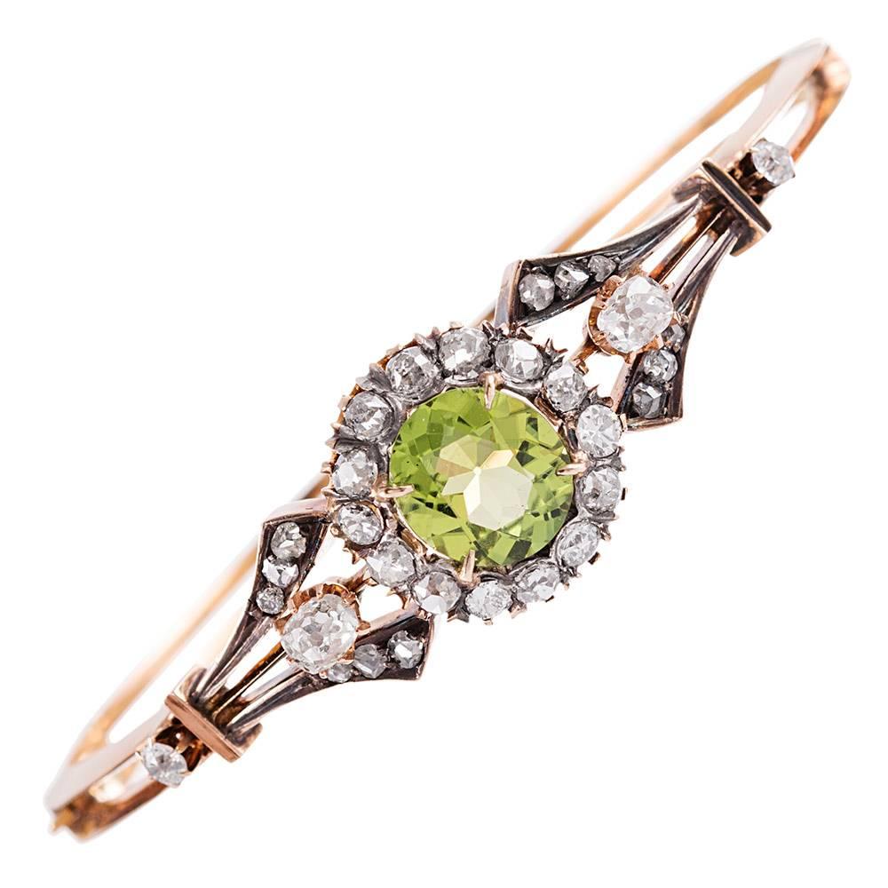 Victorian Peridot Diamond Rose Gold Bangle Bracelet