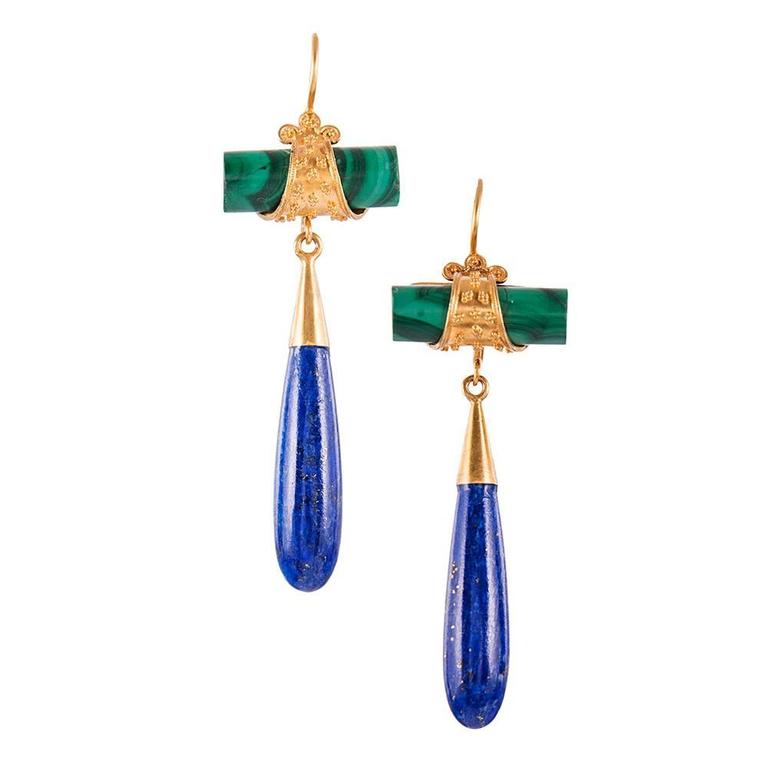 Etruscan Revival Malachite Lapis Gold Drop Earrings At 1stdibs Etruscan Revival Malachite Lapis Gold Drop Earrings For