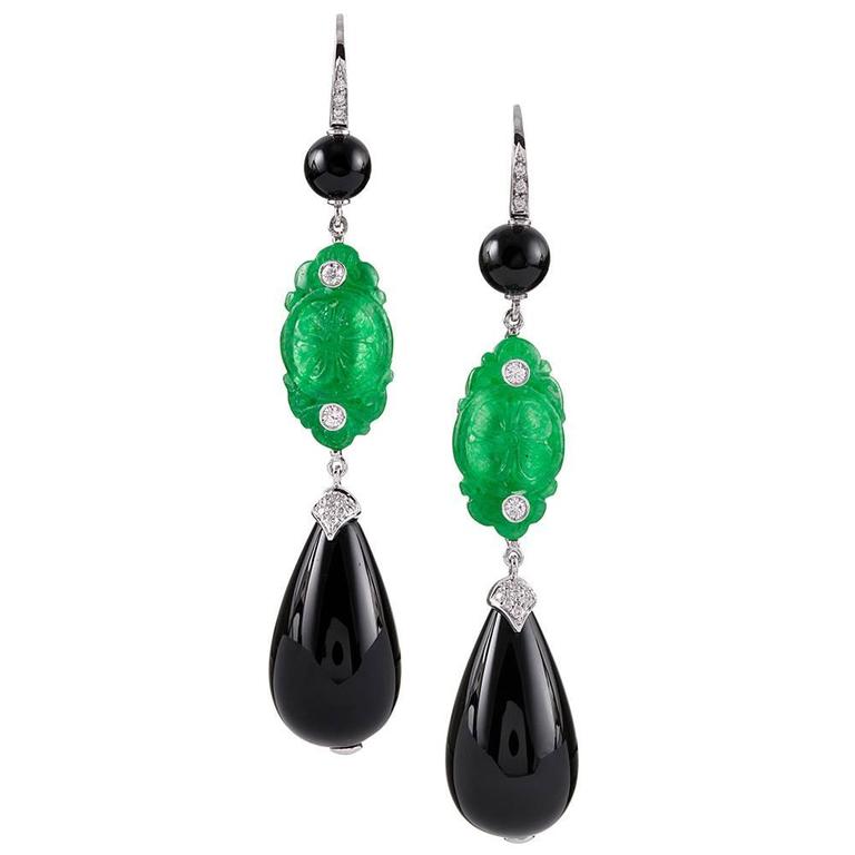 Art Deco Gold Carved Jadeite Jade pendant earrings at 1stdibs