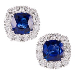 9.28 Carat Cushion Ceylon Sapphire Diamond Platinum Cluster Earrings