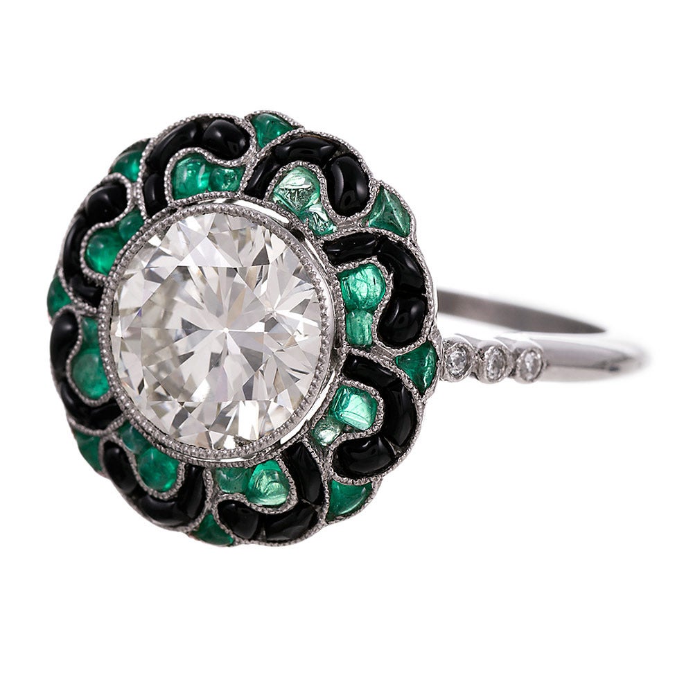 Art Deco 2.13 Carat Diamond Emerald Platinum Ring