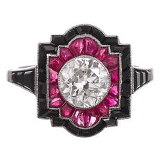Vintage 1.34 Carat Diamond Platinum Ring with Ruby and Onyx Trim