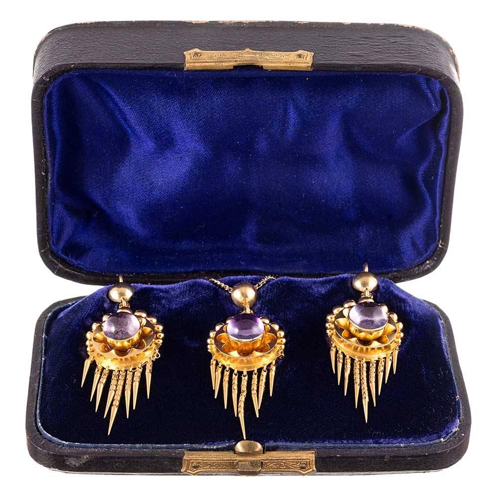 Antique Victorian Cabochon Amethyst Earrings Pendant Gold Suite