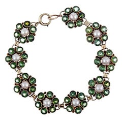 Vintage 1960s Green Tourmaline and Pearl Cluster Line Bracelet