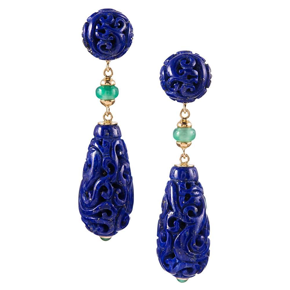 Seaman Schepps Lapis Lazuli  Emerald  Chrysoprase "Canton" Earrings