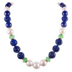 Seaman Schepps Carved Lapis Lazuli Chrysoprase Pearl "Canton" Necklace 1