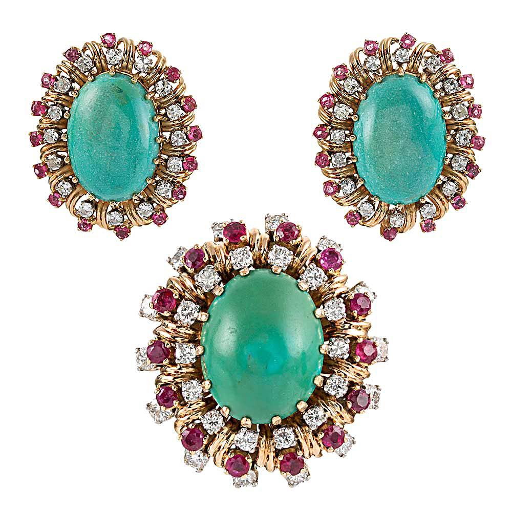 1960s Turquoise, Ruby and Diamond Earrings and Cocktail Ring Suite