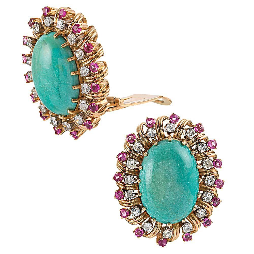 1960s Turquoise, Ruby and Diamond Earrings and Cocktail Ring Suite In Excellent Condition In Carmel-by-the-Sea, CA