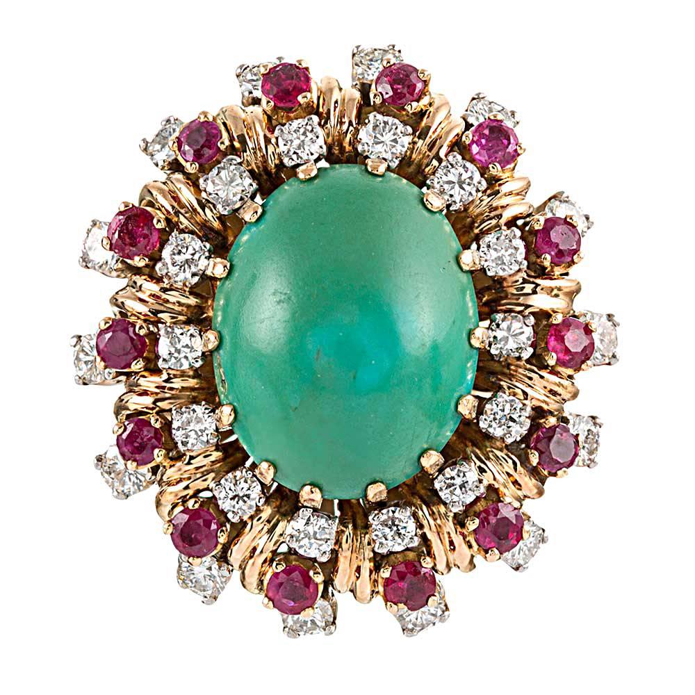 Women's 1960s Turquoise, Ruby and Diamond Earrings and Cocktail Ring Suite