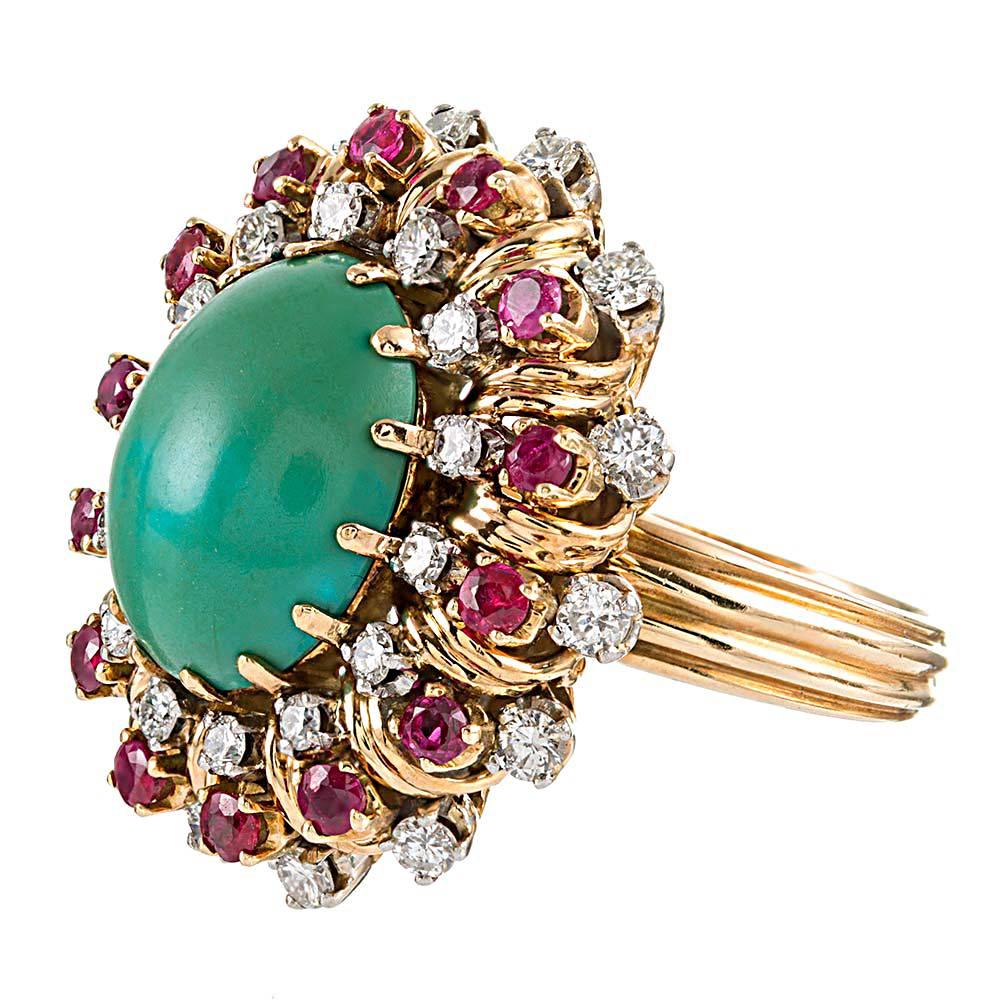 1960s Turquoise, Ruby and Diamond Earrings and Cocktail Ring Suite 1