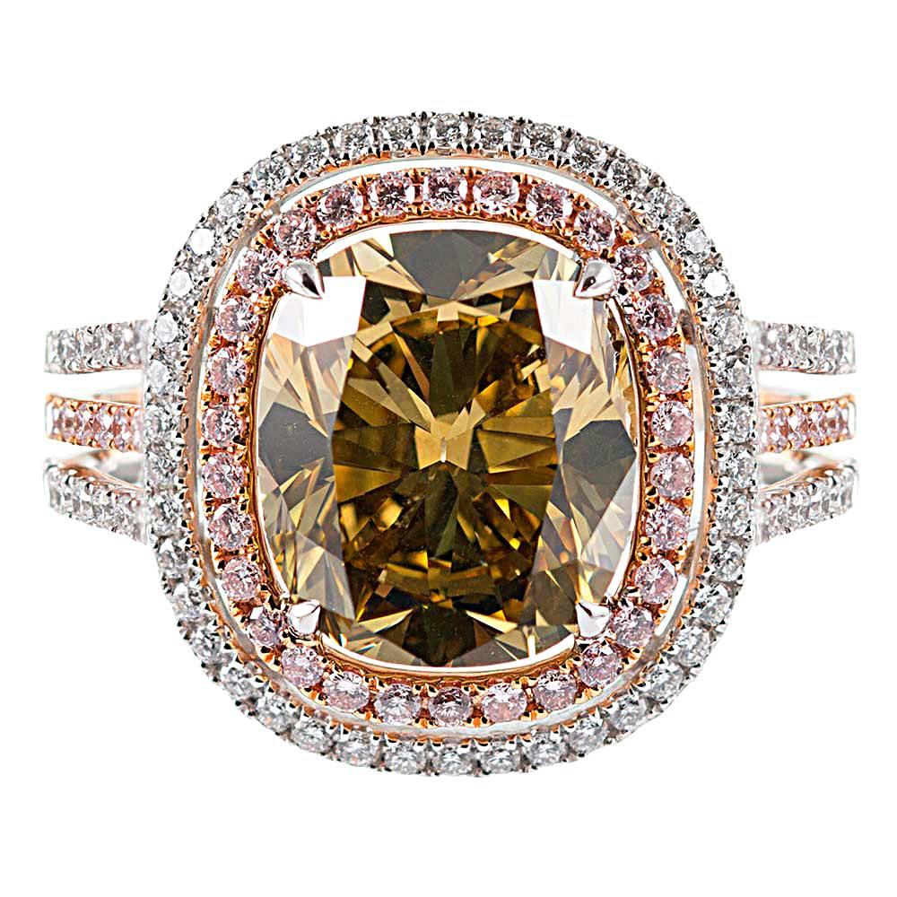 4.60 Carat GIA Fancy Dark Brown Green Yellow Cushion Diamond Ring