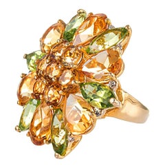 Mixed Cut Peridot, Citrine and Diamond Flower Ring