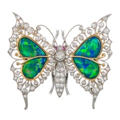 Black Opal, Diamond and Ruby Butterfly Brooch