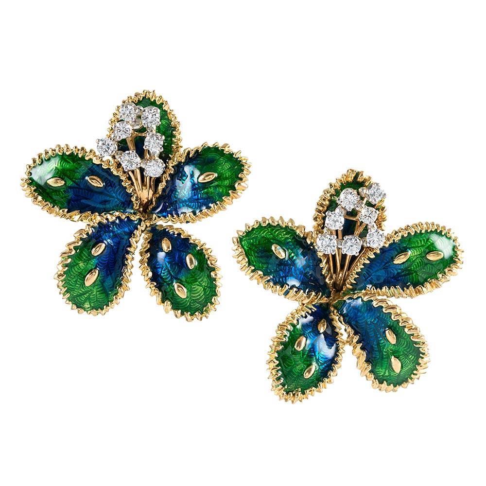 Boucheron Diamond Enamel Flower Earrings
