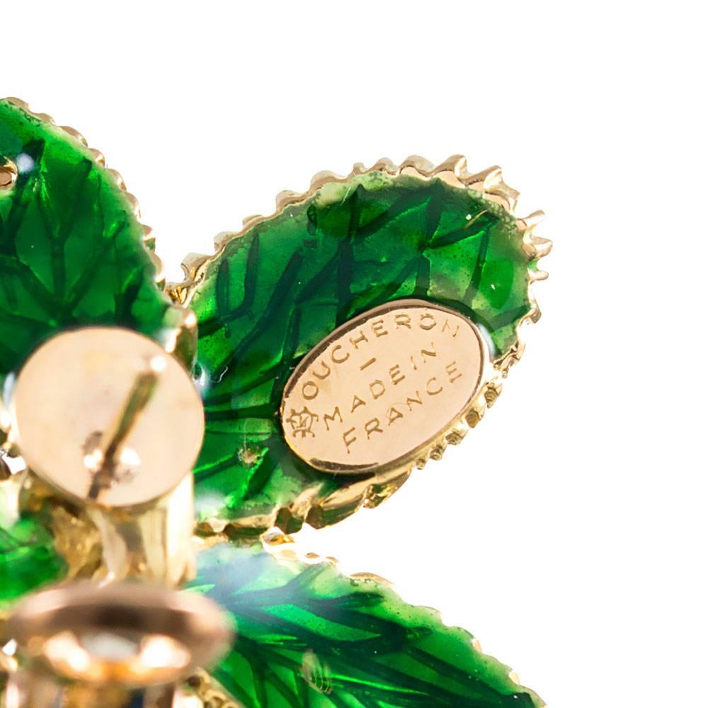 Boucheron Diamond Enamel Flower Earrings In Excellent Condition For Sale In Carmel-by-the-Sea, CA