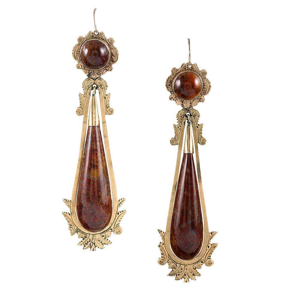 Antique Pietra Dura Yellow Gold Victorian Earrings at 1stDibs